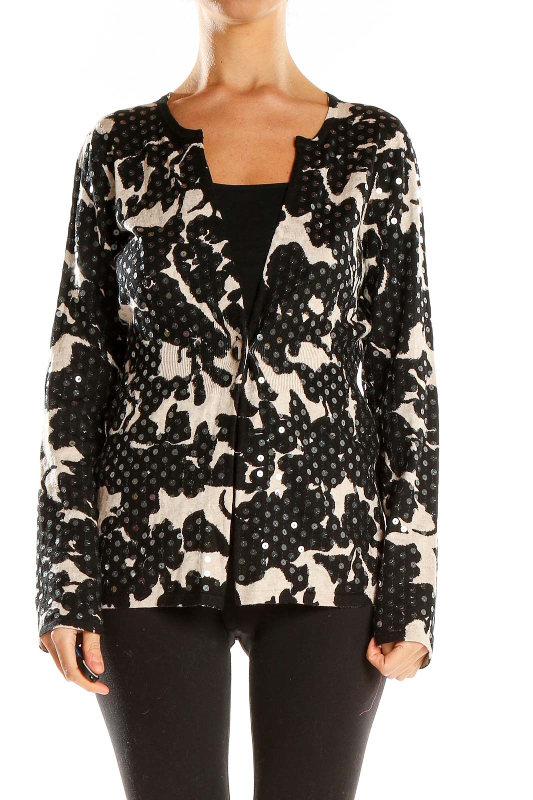 Front view of I.N.C black and white floral print knit cardigan with open front