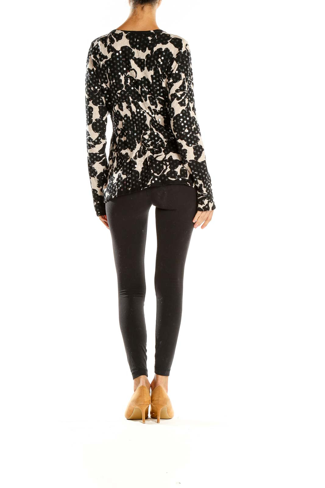 Back view of I.N.C black and white floral print knit cardigan showing full pattern