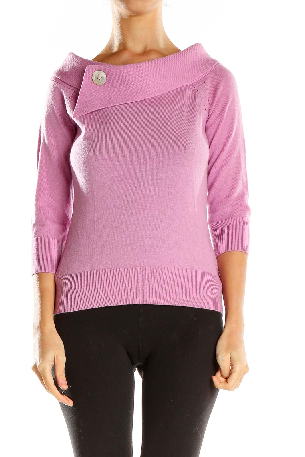 Front view of pink Banana Republic knit sweater with button collar