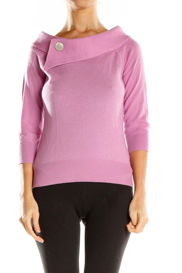 Front view of pink Banana Republic knit sweater with button collar