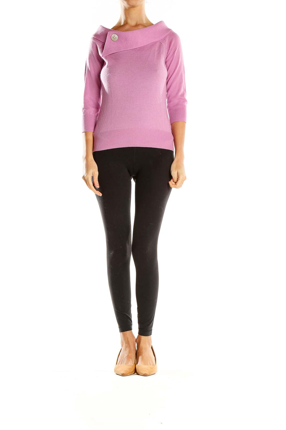 Front view of pink Banana Republic knit sweater with button collar