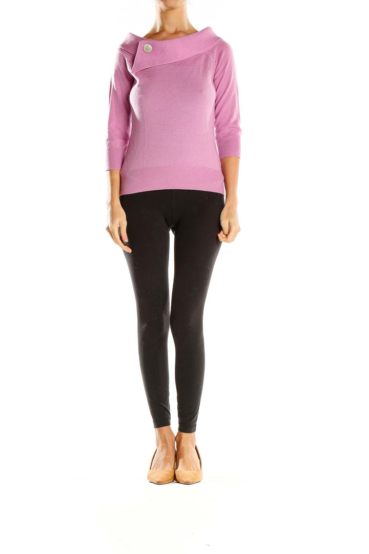 Front view of pink Banana Republic knit sweater with button collar