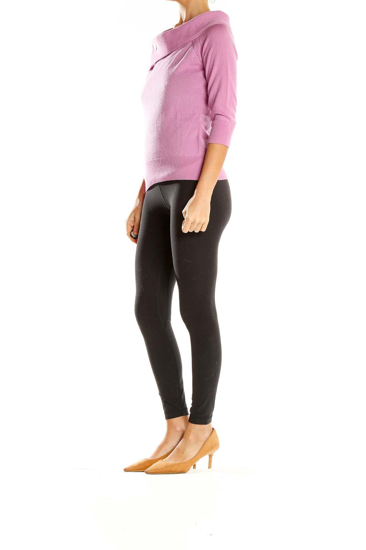 Front view of pink Banana Republic knit sweater with button collar