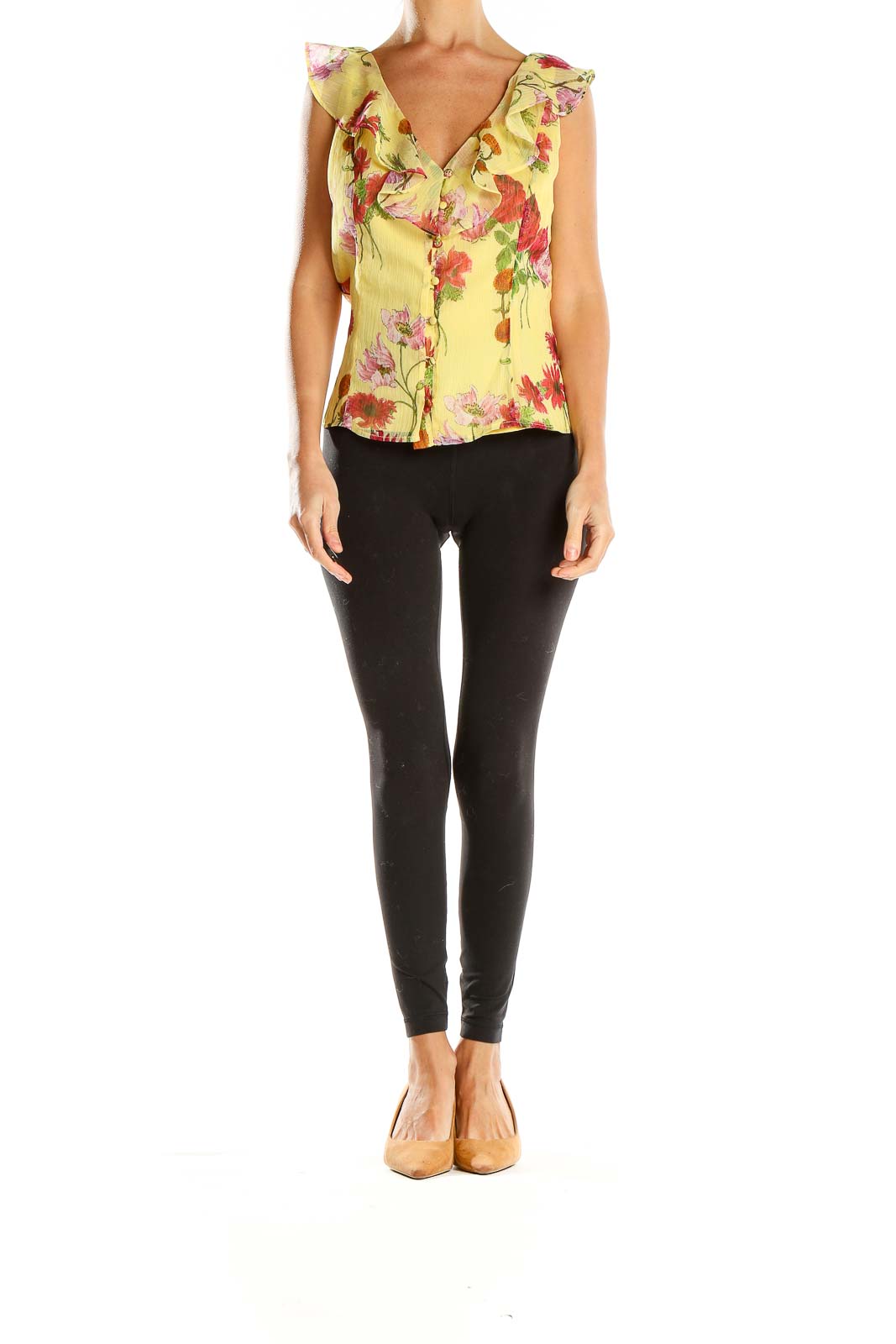 Front view of BB Dakota yellow floral blouse with ruffled cap sleeves and button-up front