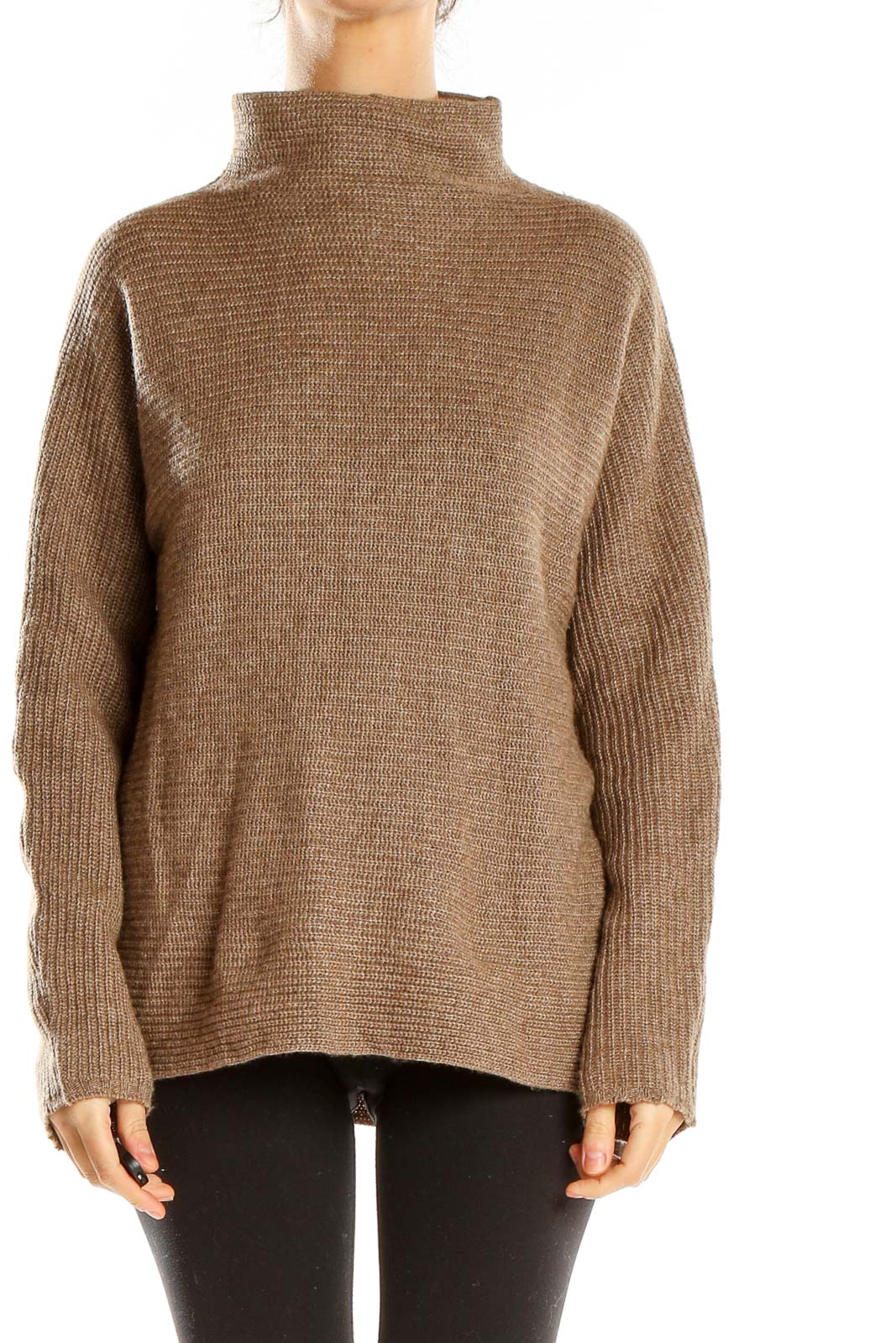 Front view of brown ribbed turtleneck sweater by Bartolini