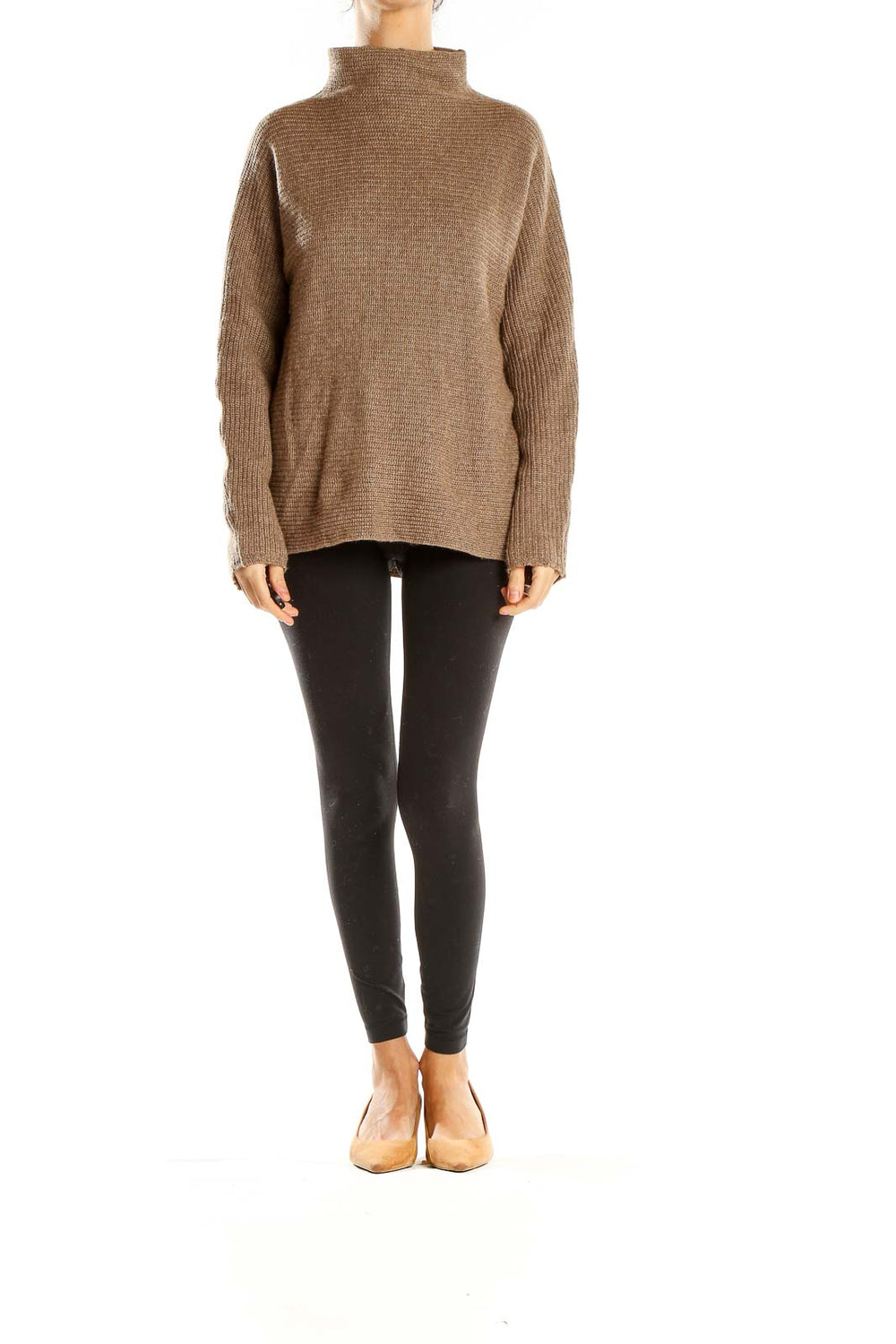 Front view of brown ribbed turtleneck sweater by Bartolini