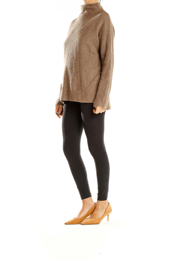 Front view of brown ribbed turtleneck sweater by Bartolini