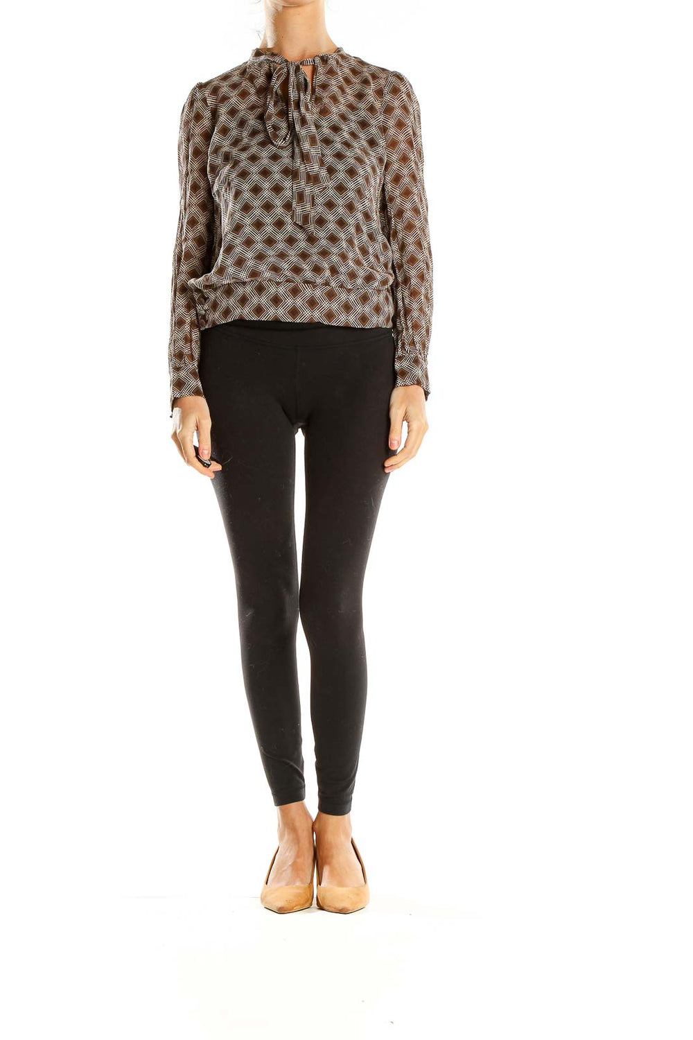 Front view of Fossil brown geometric print sheer blouse with gathered neckline
