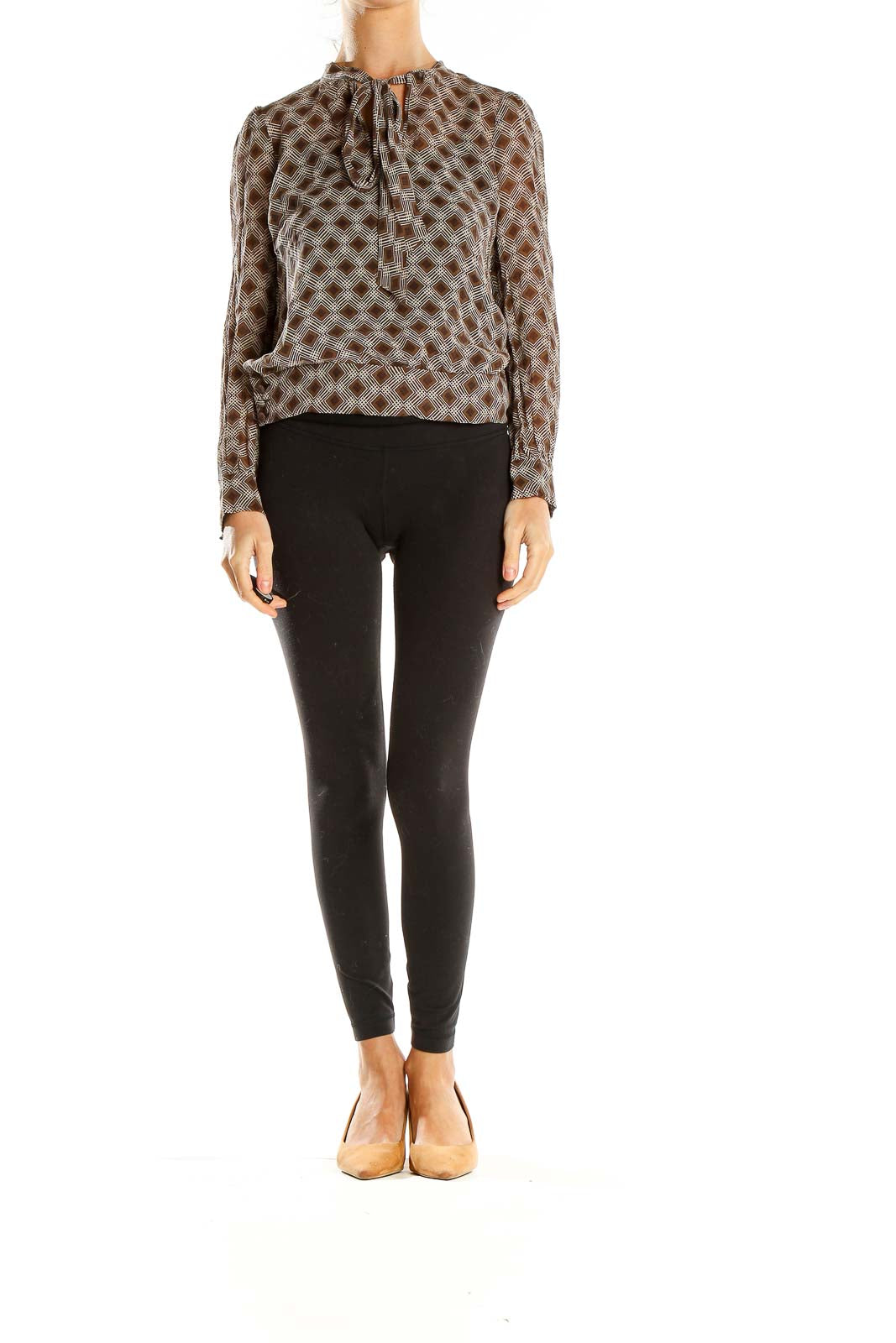 Front view of Fossil brown geometric print sheer blouse with gathered neckline