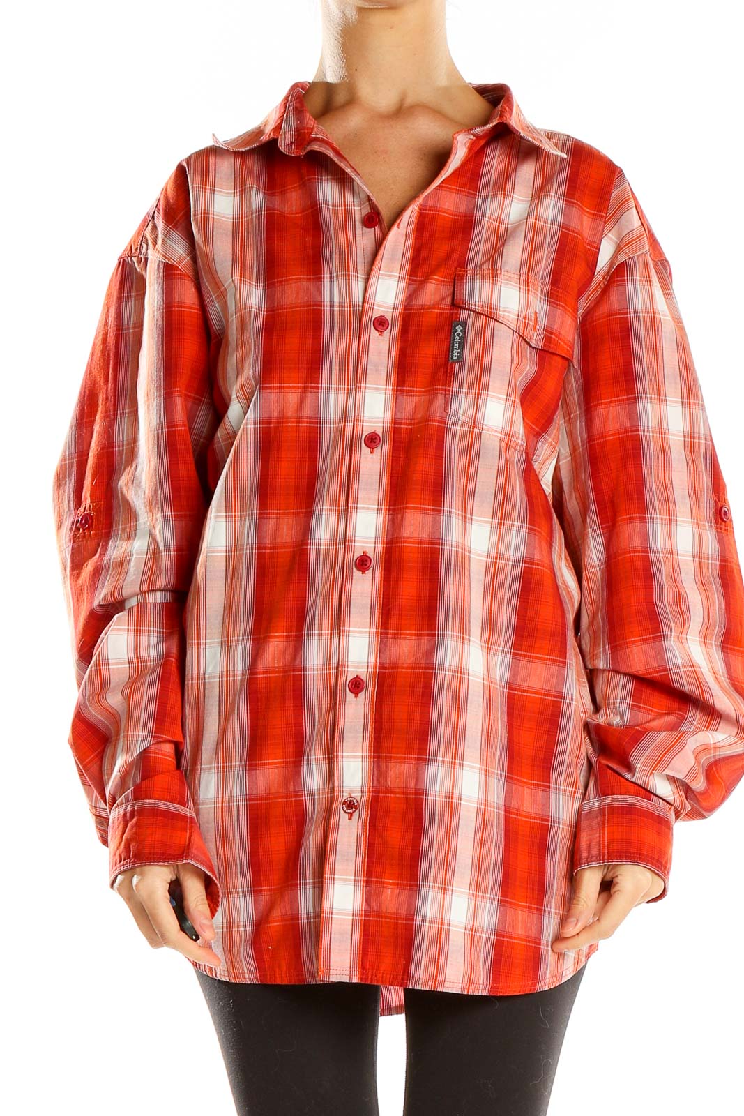 Front view of red plaid Columbia button-down shirt