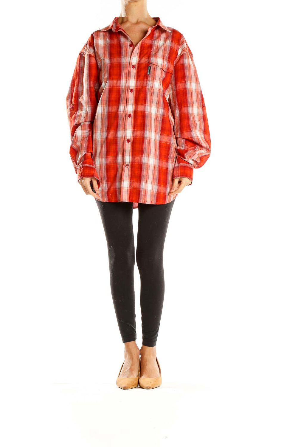 Front view of red plaid Columbia button-down shirt
