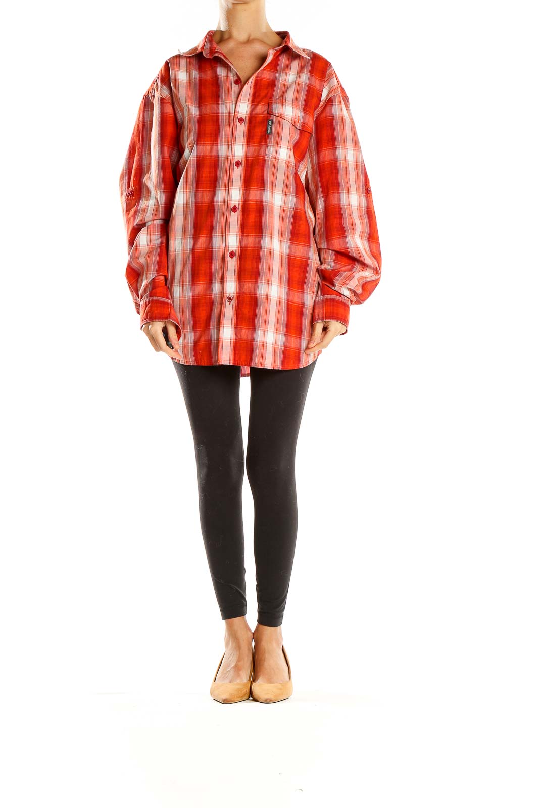 Front view of red plaid Columbia button-down shirt