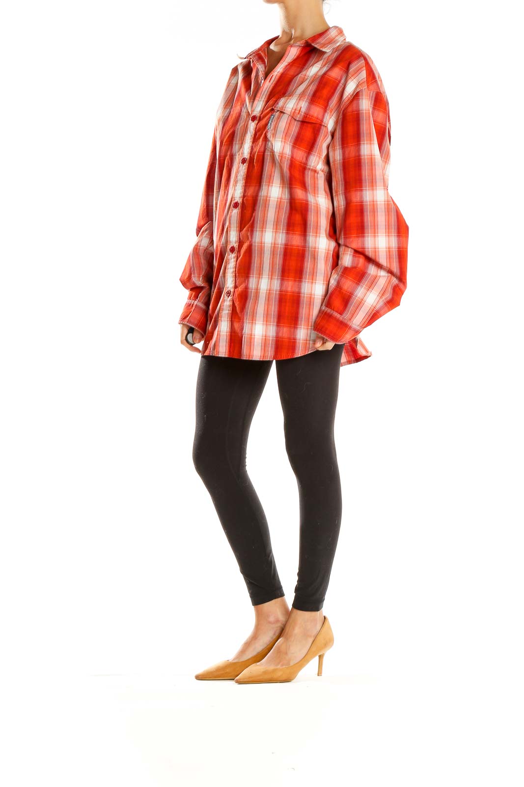 Front view of red plaid Columbia button-down shirt