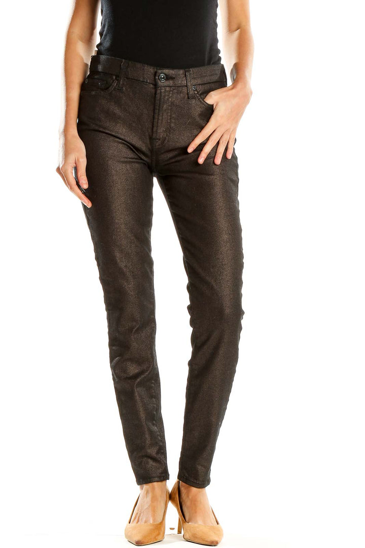 Front view of 7 For All Mankind dark metallic skinny jeans on model