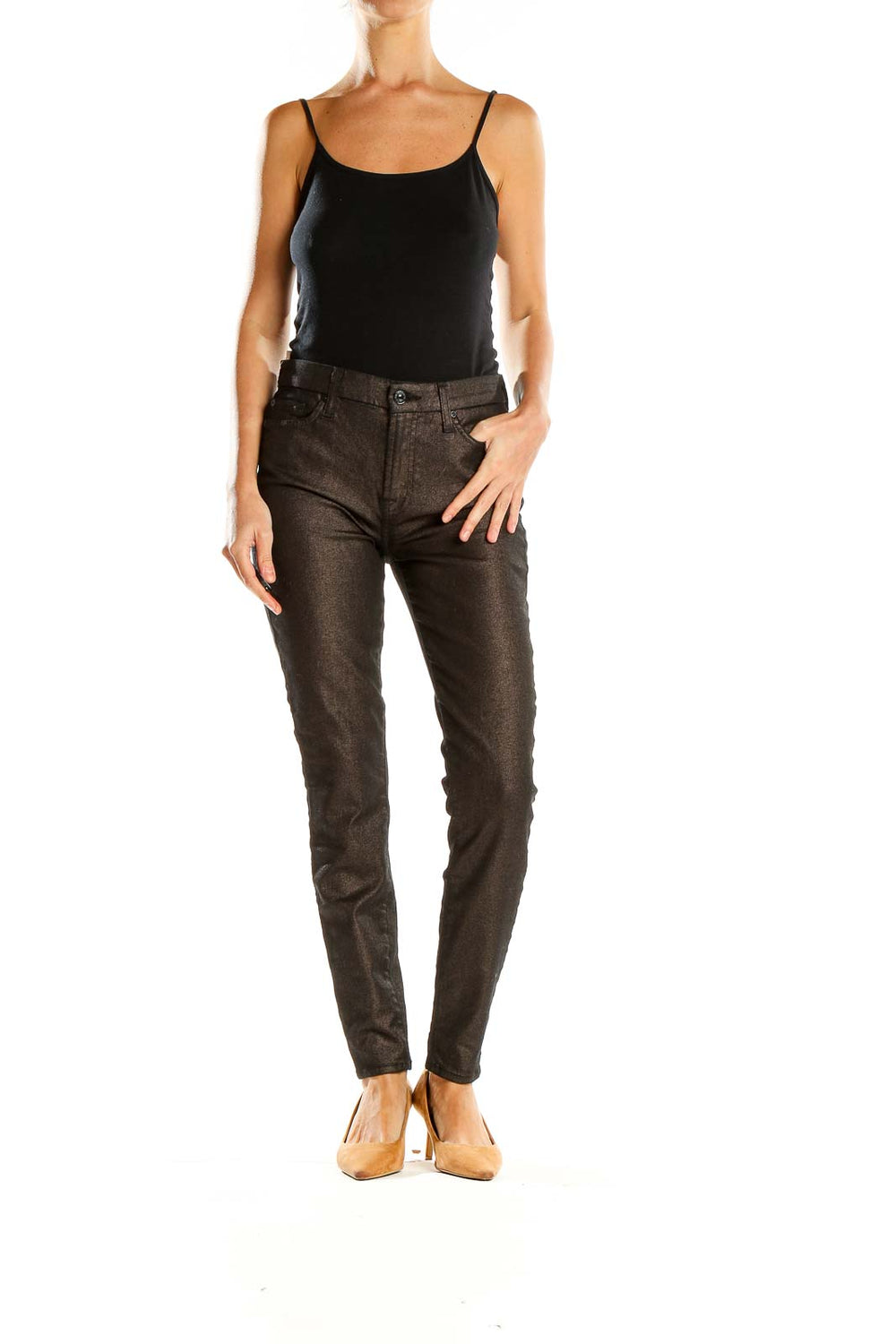 Front view of 7 For All Mankind dark metallic skinny jeans on model