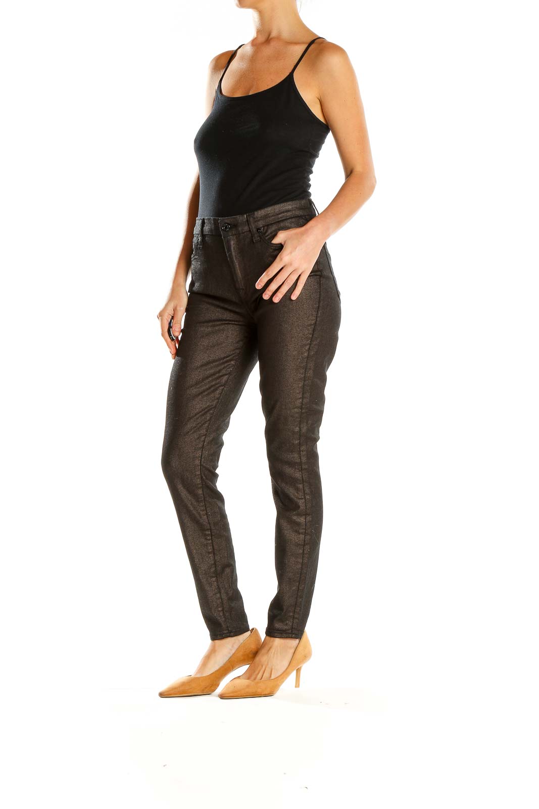 Front view of 7 For All Mankind dark metallic skinny jeans on model