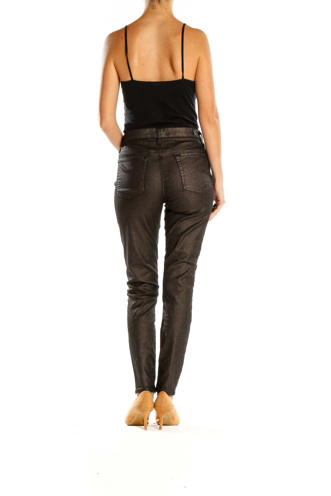 Side view of 7 For All Mankind dark metallic skinny jeans on model