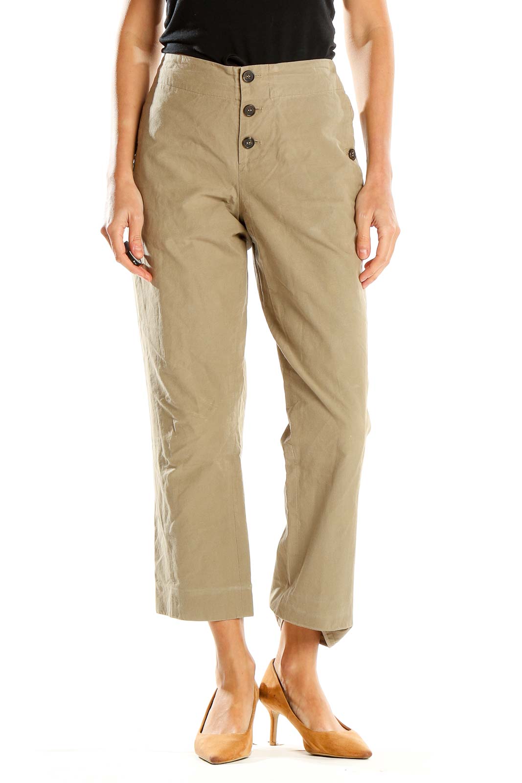 Front view of Marni beige wide-leg cropped pants with button-front closure