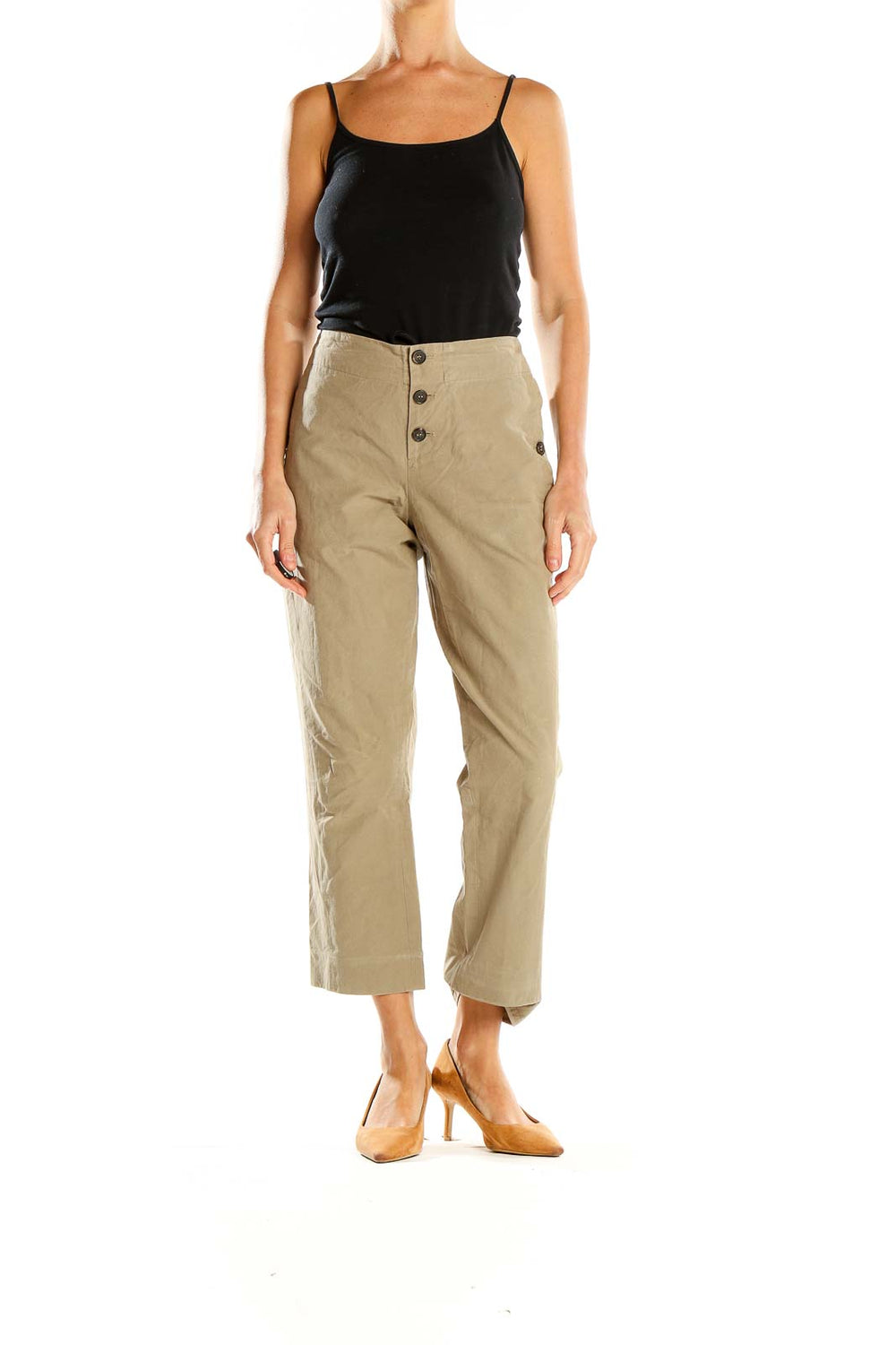 Front view of Marni beige wide-leg cropped pants with button-front closure