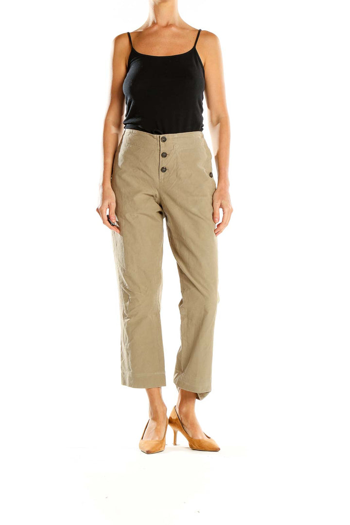 Front view of Marni beige wide-leg cropped pants with button-front closure