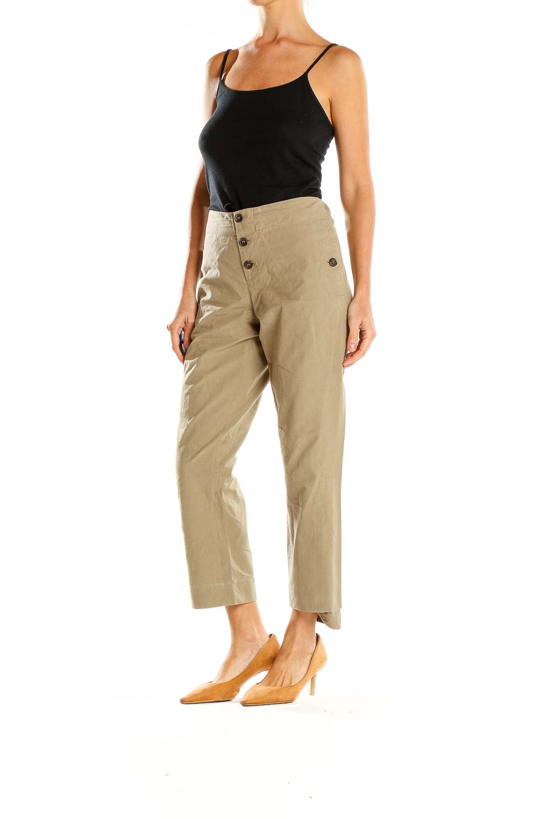 Front view of Marni beige wide-leg cropped pants with button-front closure