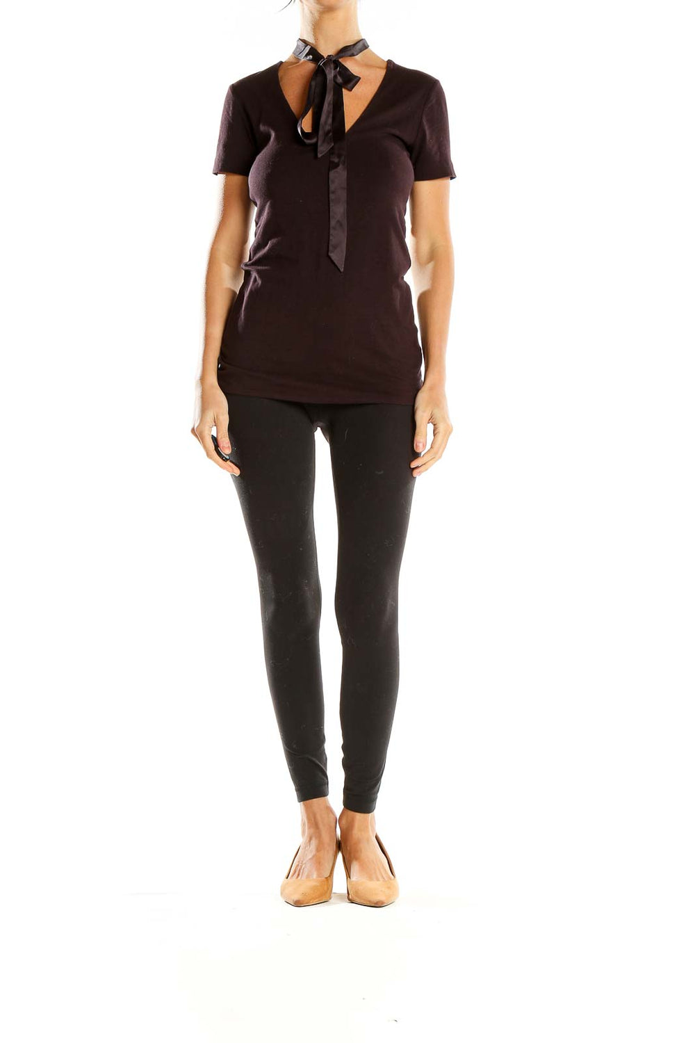 Front view of brown Standard James Perse tie-neck short sleeve top