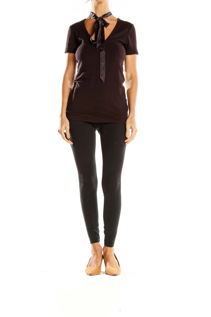 Front view of brown Standard James Perse tie-neck short sleeve top