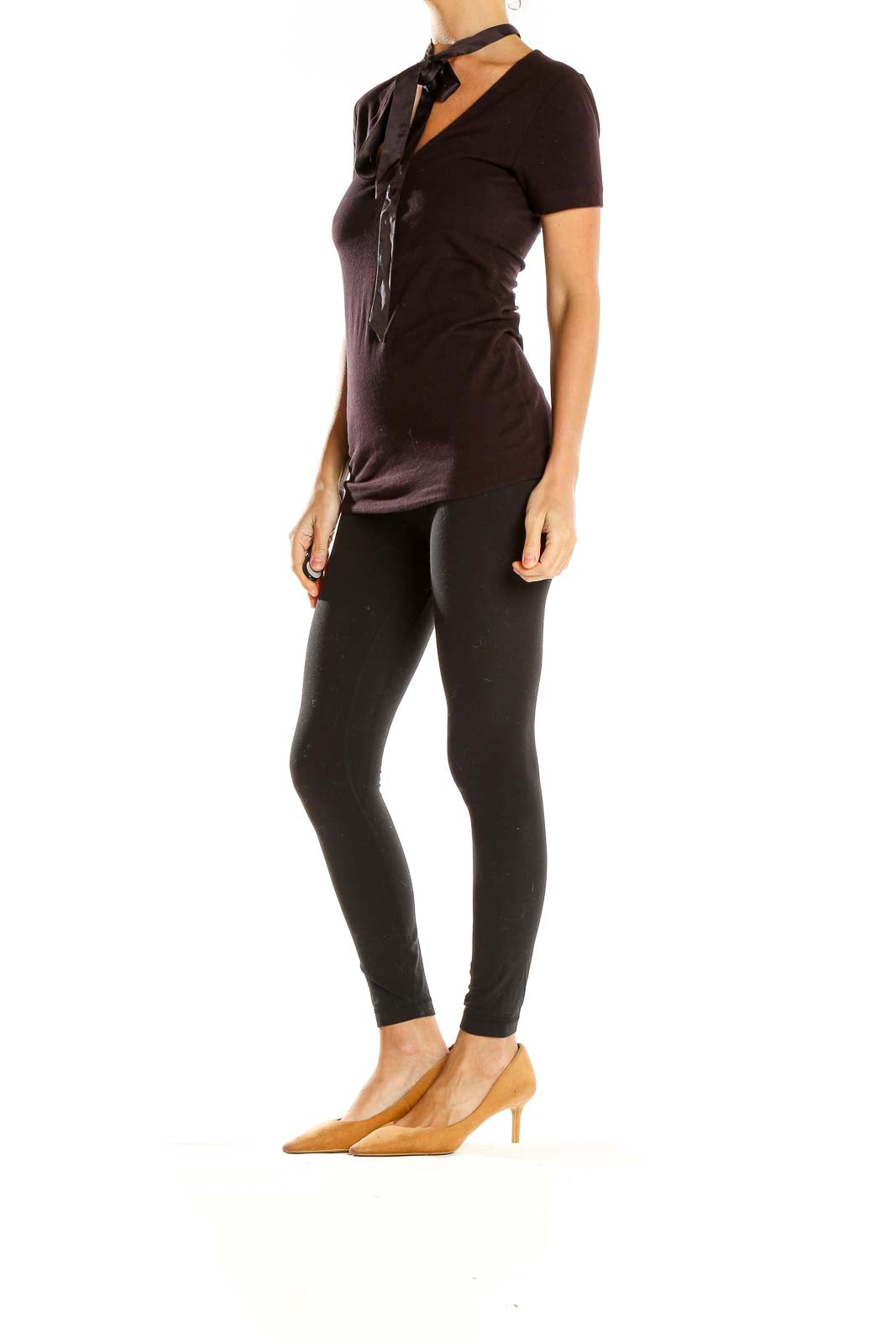 Front view of brown Standard James Perse tie-neck short sleeve top