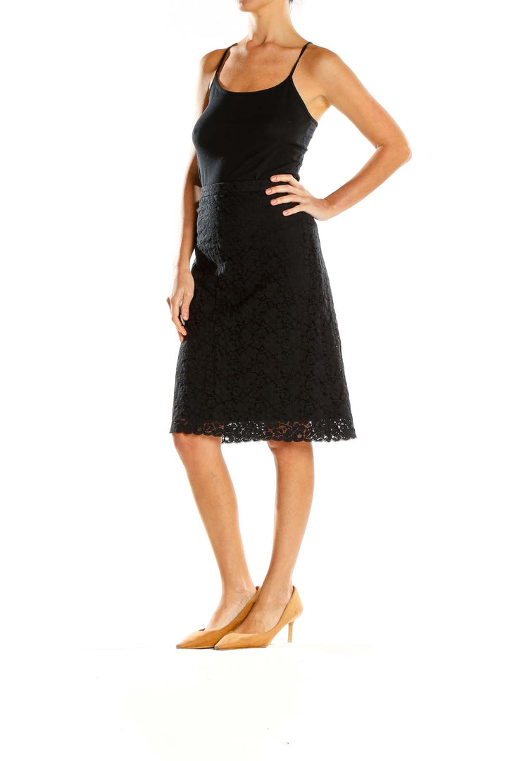 Front view of Banana Republic black lace A-line skirt with floral detailing