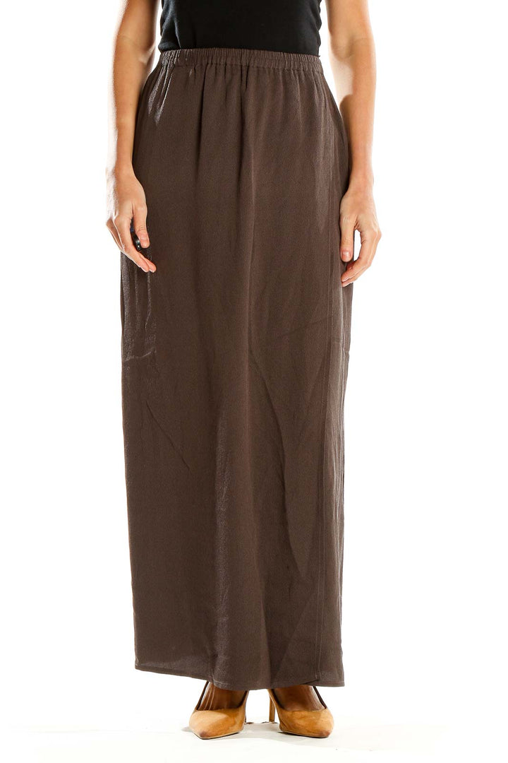 Front view of brown Eileen Fisher maxi skirt with elastic waistband