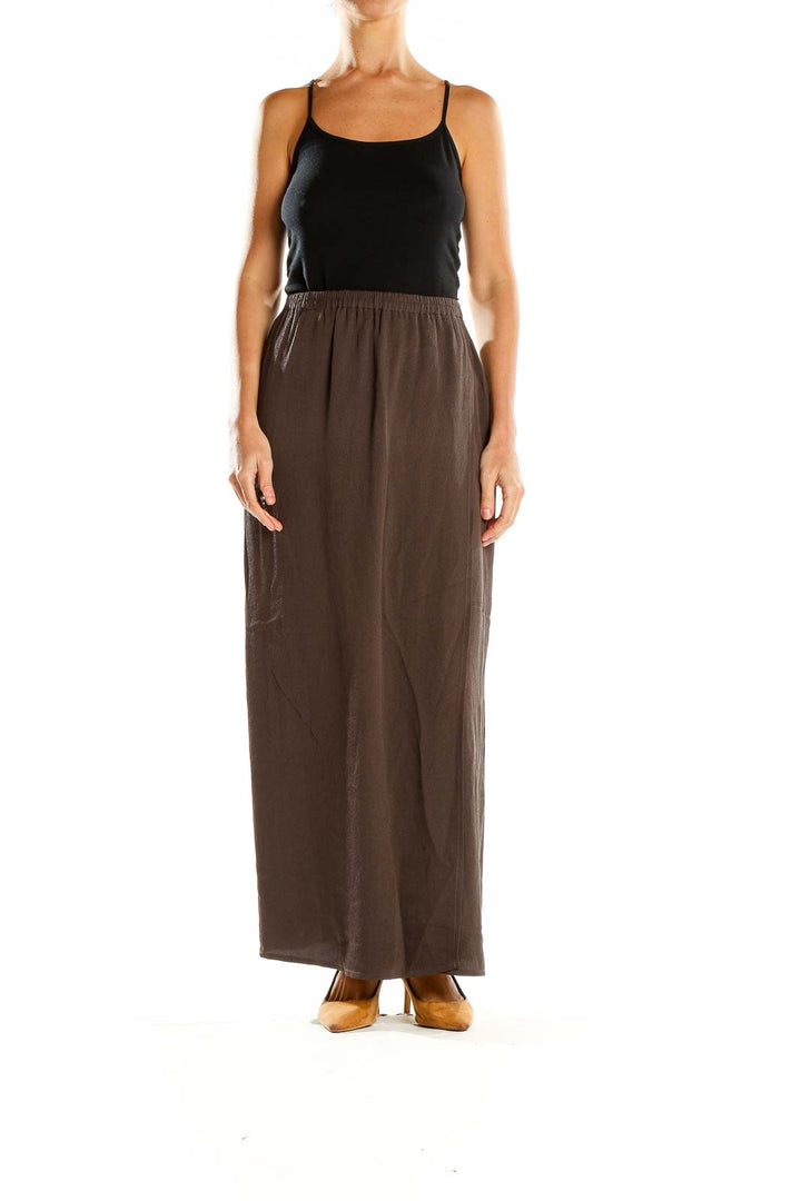 Front view of brown Eileen Fisher maxi skirt with elastic waistband
