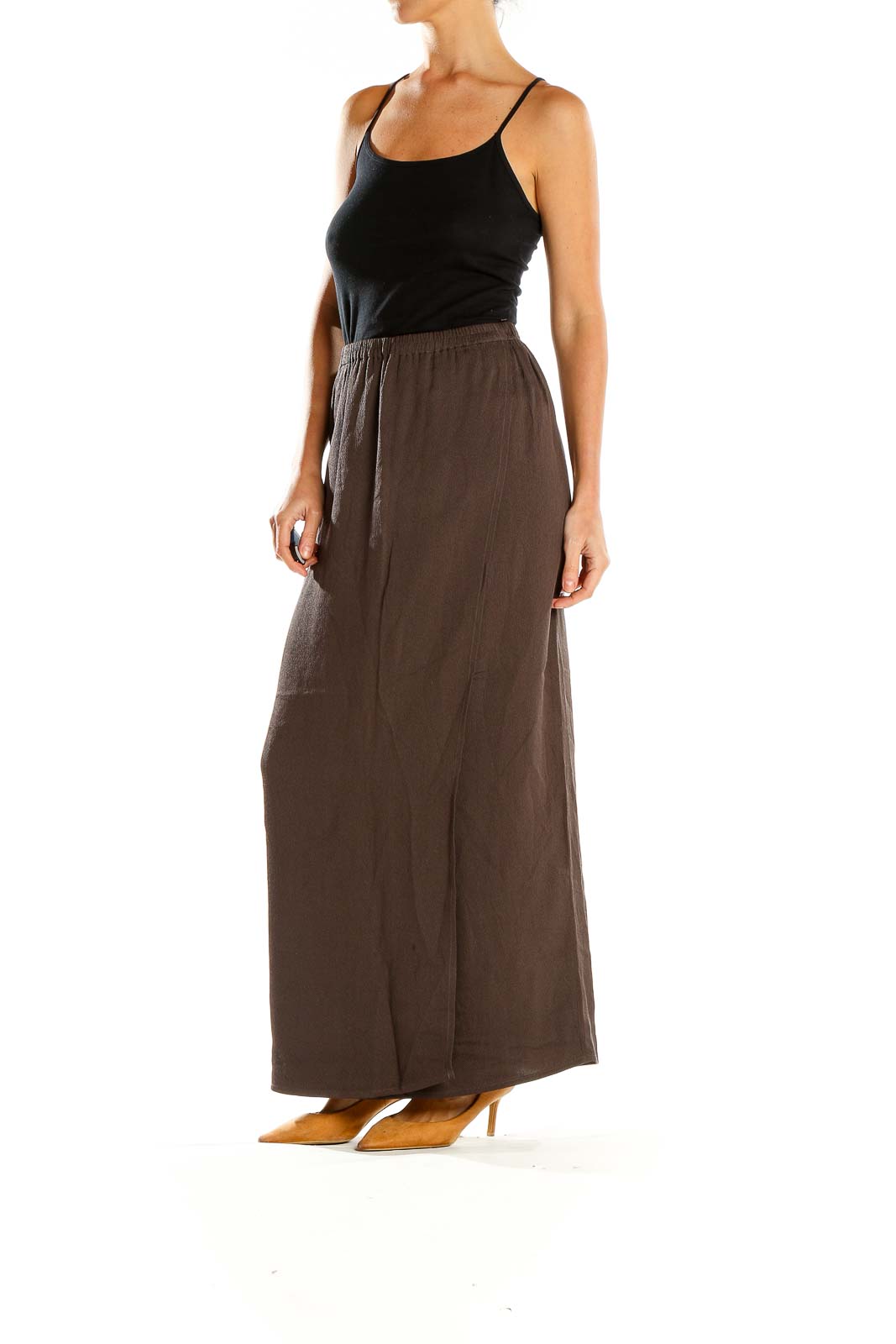 Front view of brown Eileen Fisher maxi skirt with elastic waistband