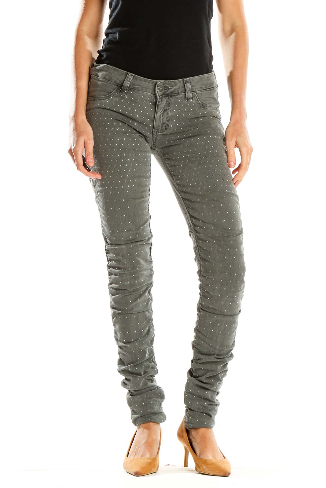 Front view of Siwy gray polka dot skinny jeans on model