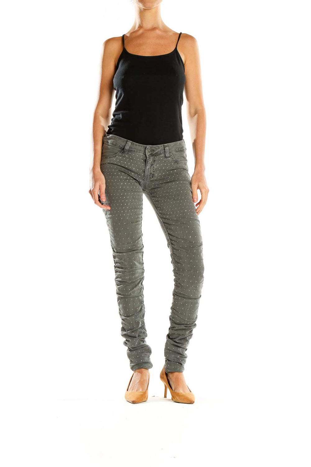 Front view of Siwy gray polka dot skinny jeans on model