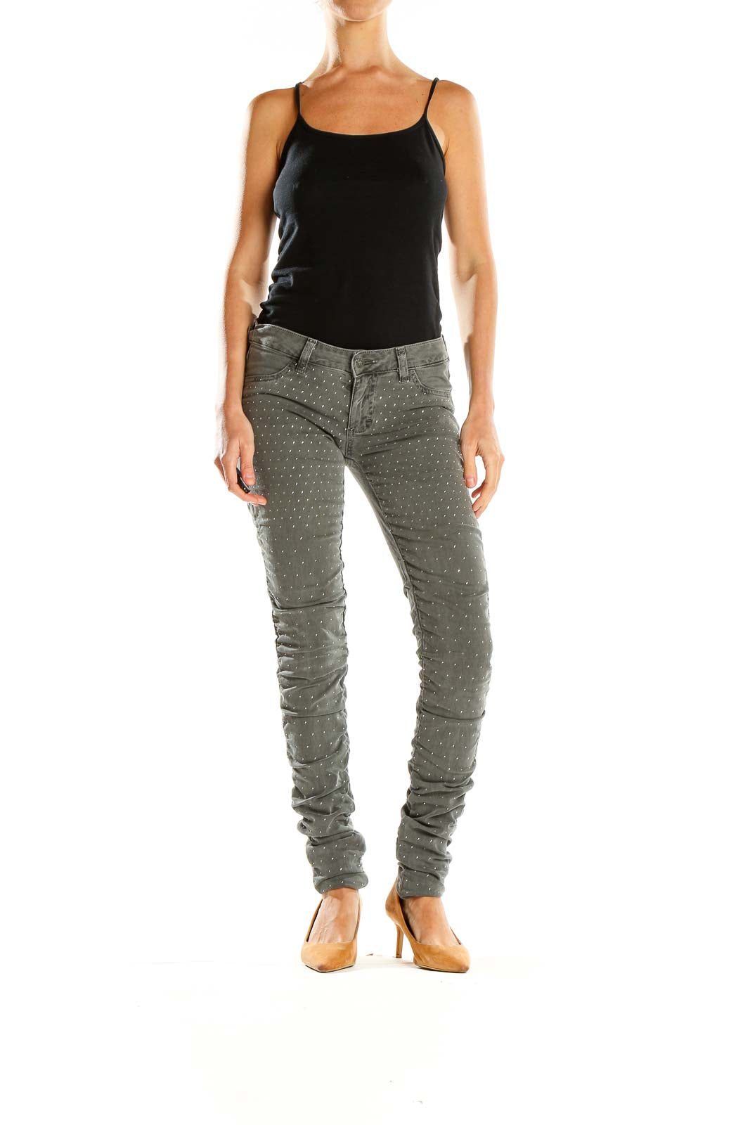 Front view of Siwy gray polka dot skinny jeans on model