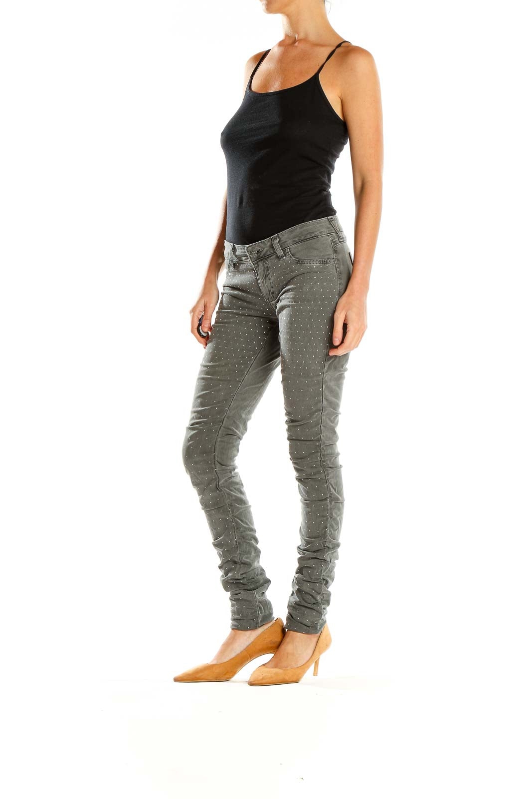 Front view of Siwy gray polka dot skinny jeans on model