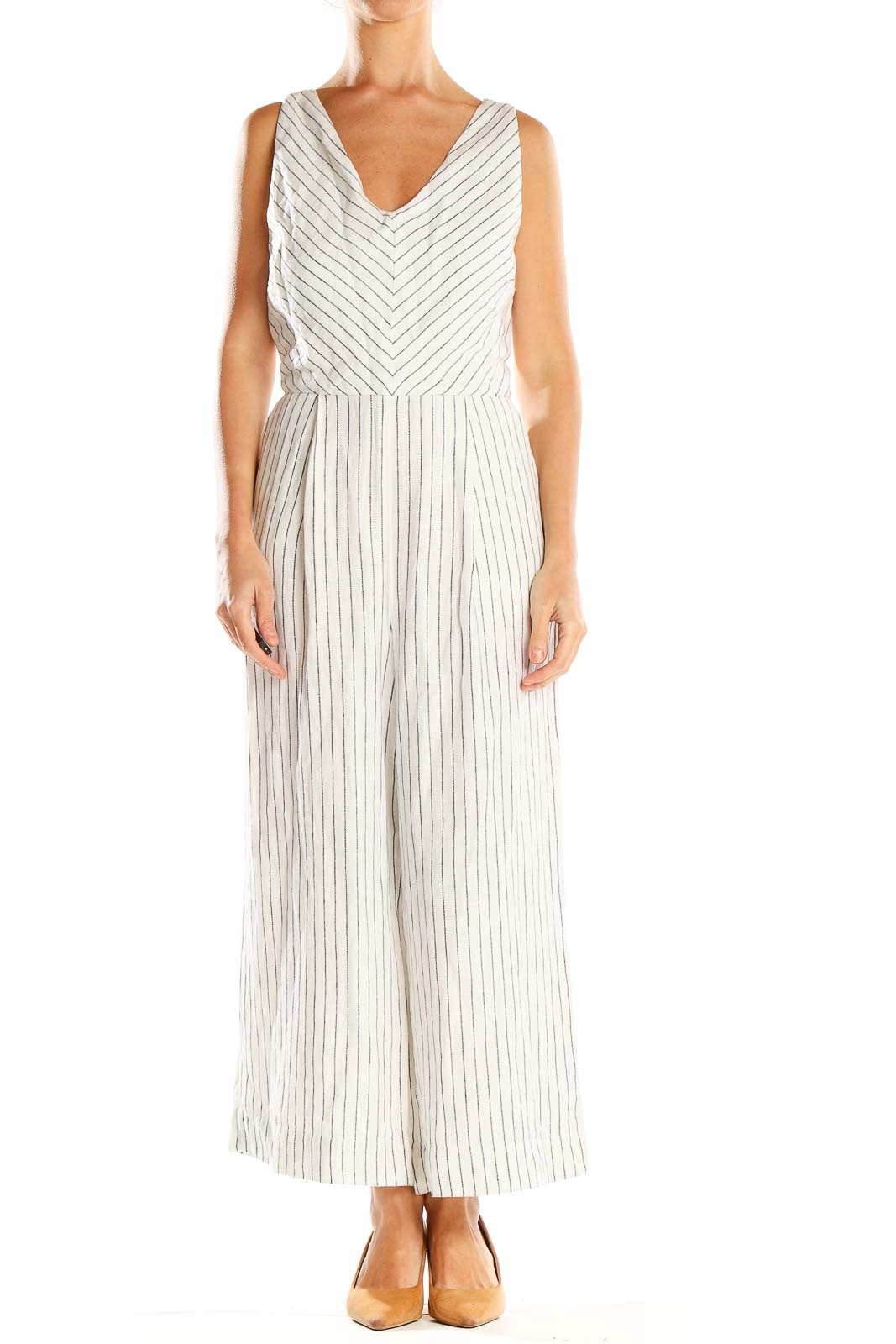 Front view of Rachel Zoe white striped V-neck wide-leg jumpsuit