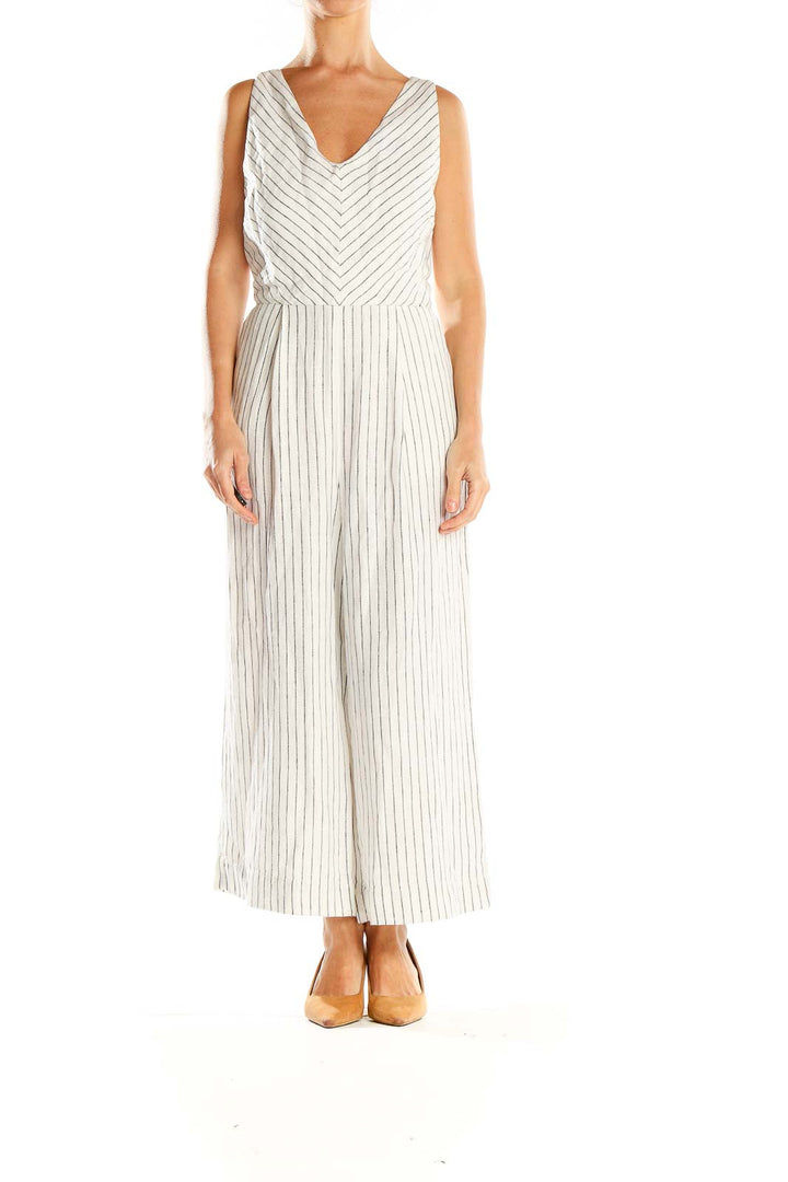 Front view of Rachel Zoe white striped V-neck wide-leg jumpsuit