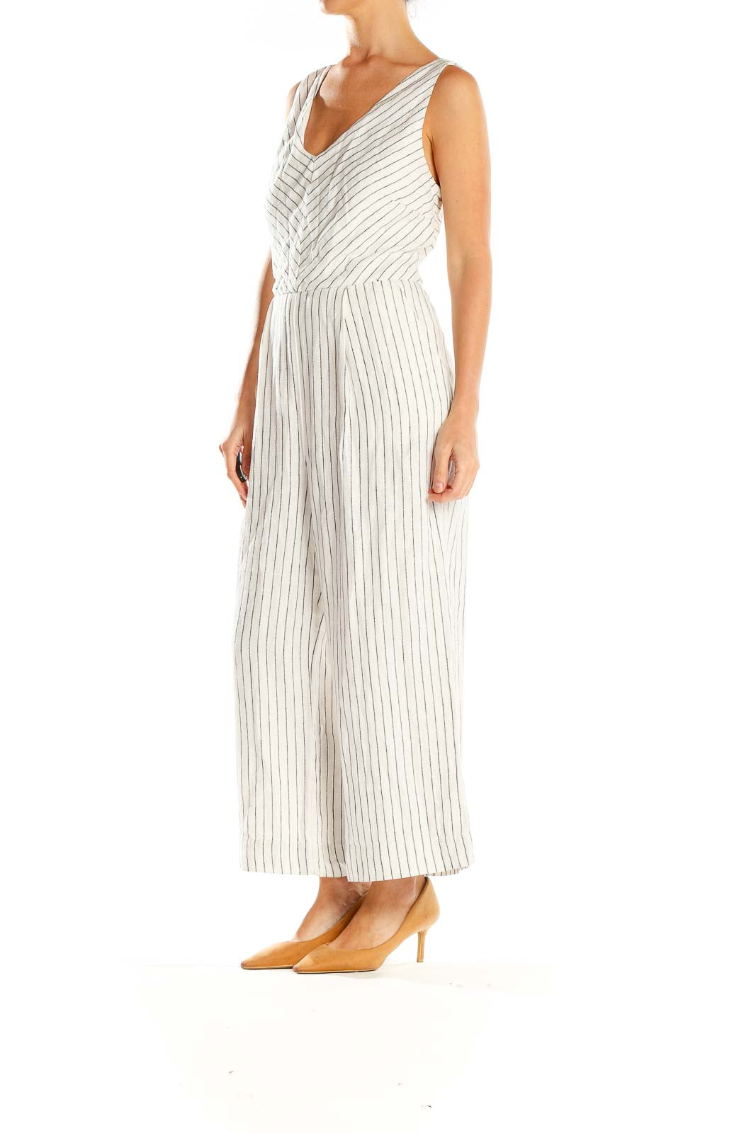 Front view of Rachel Zoe white striped V-neck wide-leg jumpsuit