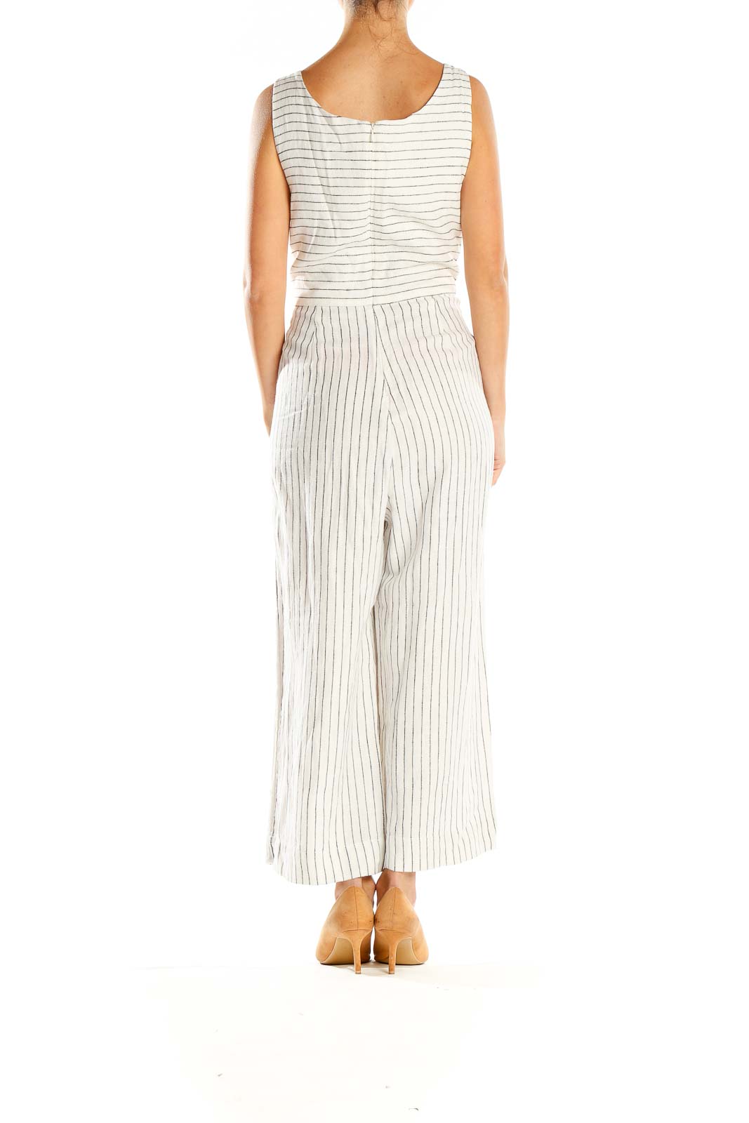 Side view of Rachel Zoe white striped V-neck wide-leg jumpsuit