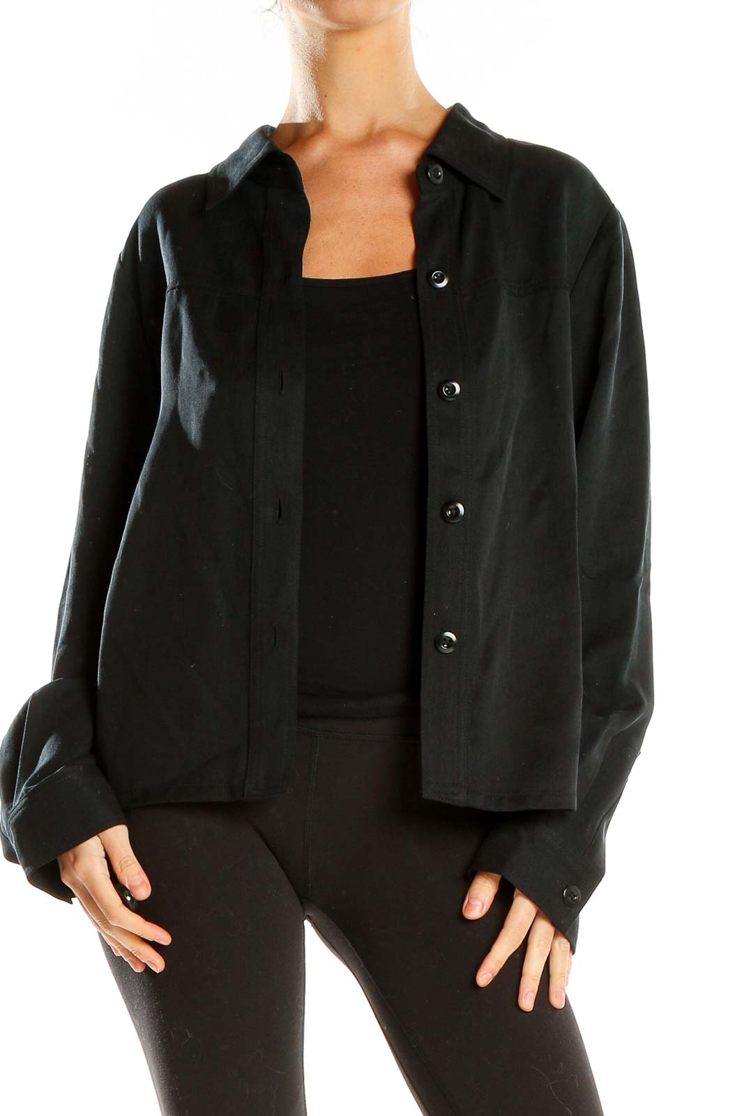 Front view of Pendleton black button-up collared shirt on model