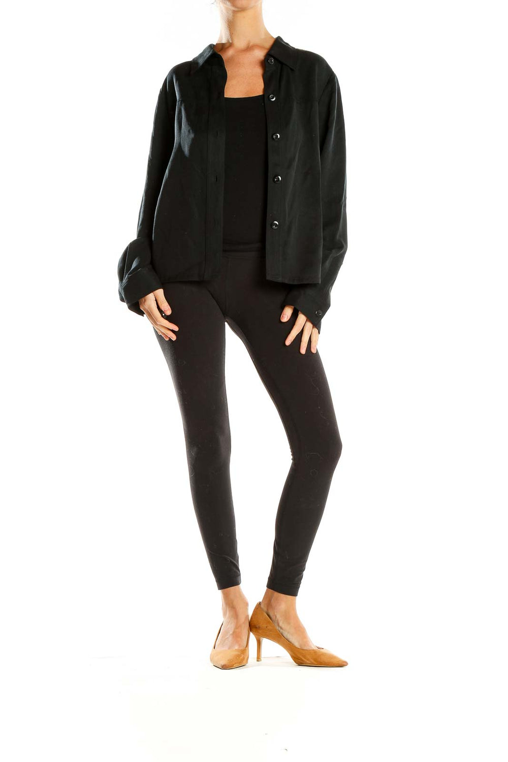 Front view of Pendleton black button-up collared shirt on model