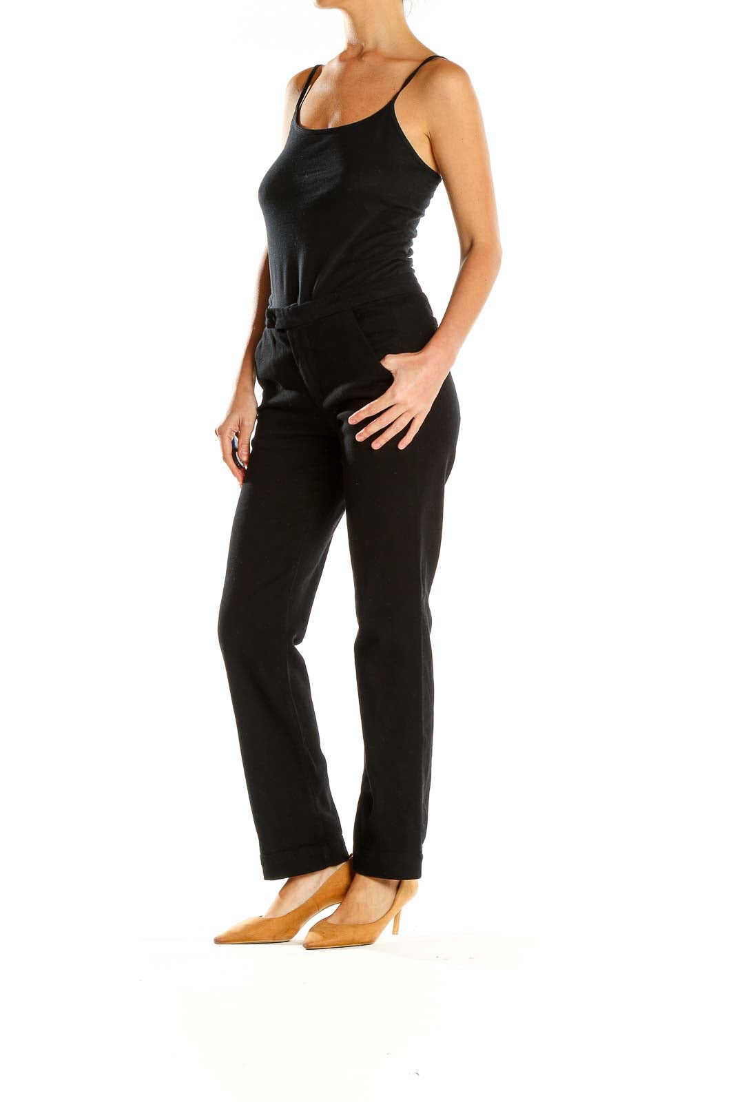 Front view of FRAME Denim black straight-leg pants on model