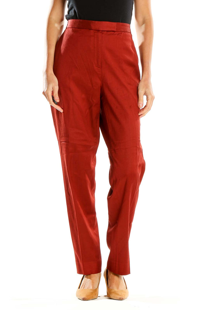 Front view of T by Alexander Wang red high-waisted tailored trousers