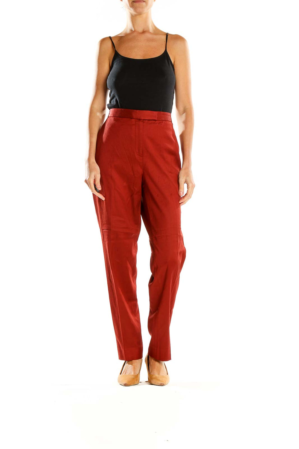 Front view of T by Alexander Wang red high-waisted tailored trousers