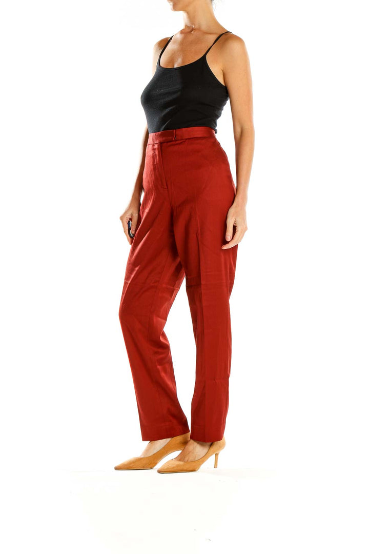 Front view of T by Alexander Wang red high-waisted tailored trousers