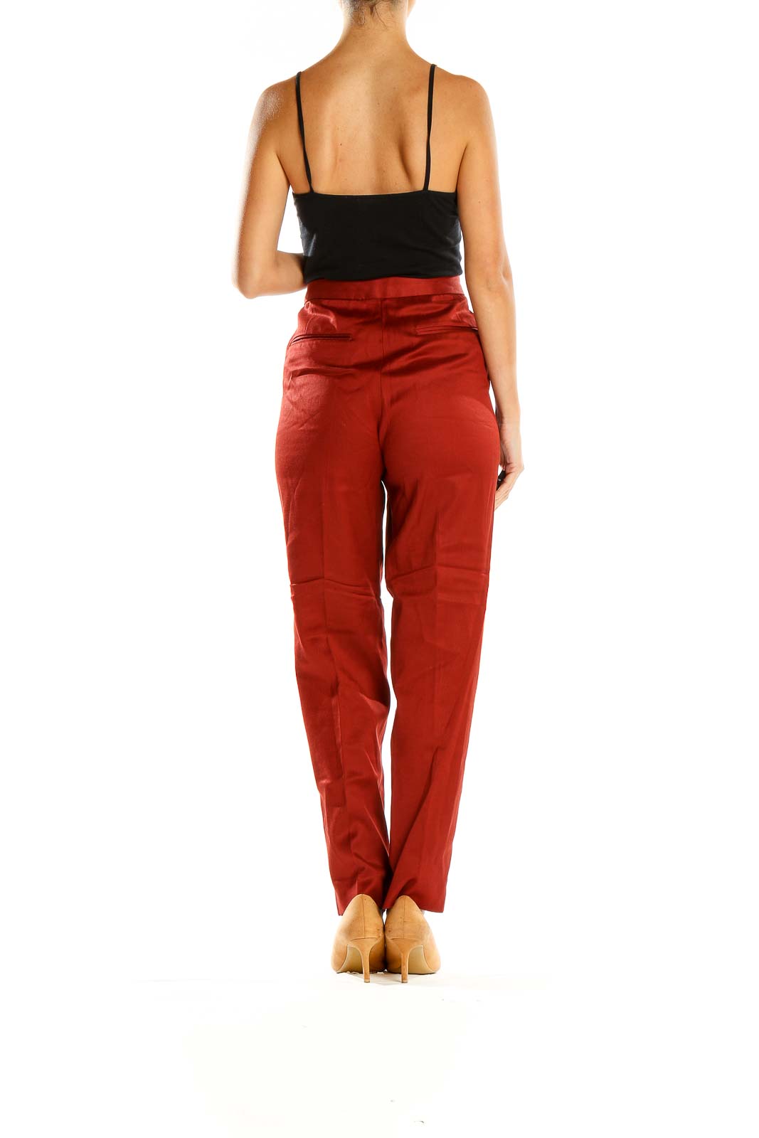 Side view of model wearing T by Alexander Wang red high-waisted tailored trousers with black top