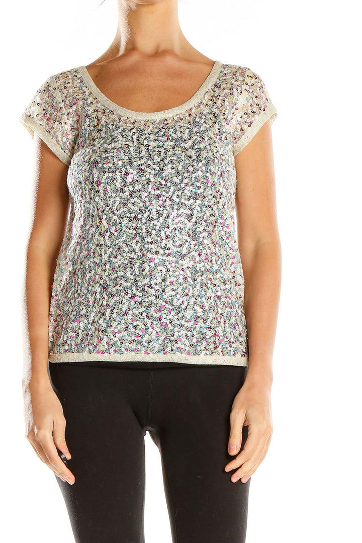 Front view of SilkRoll multicolor sequin cap sleeve top with scoop neckline