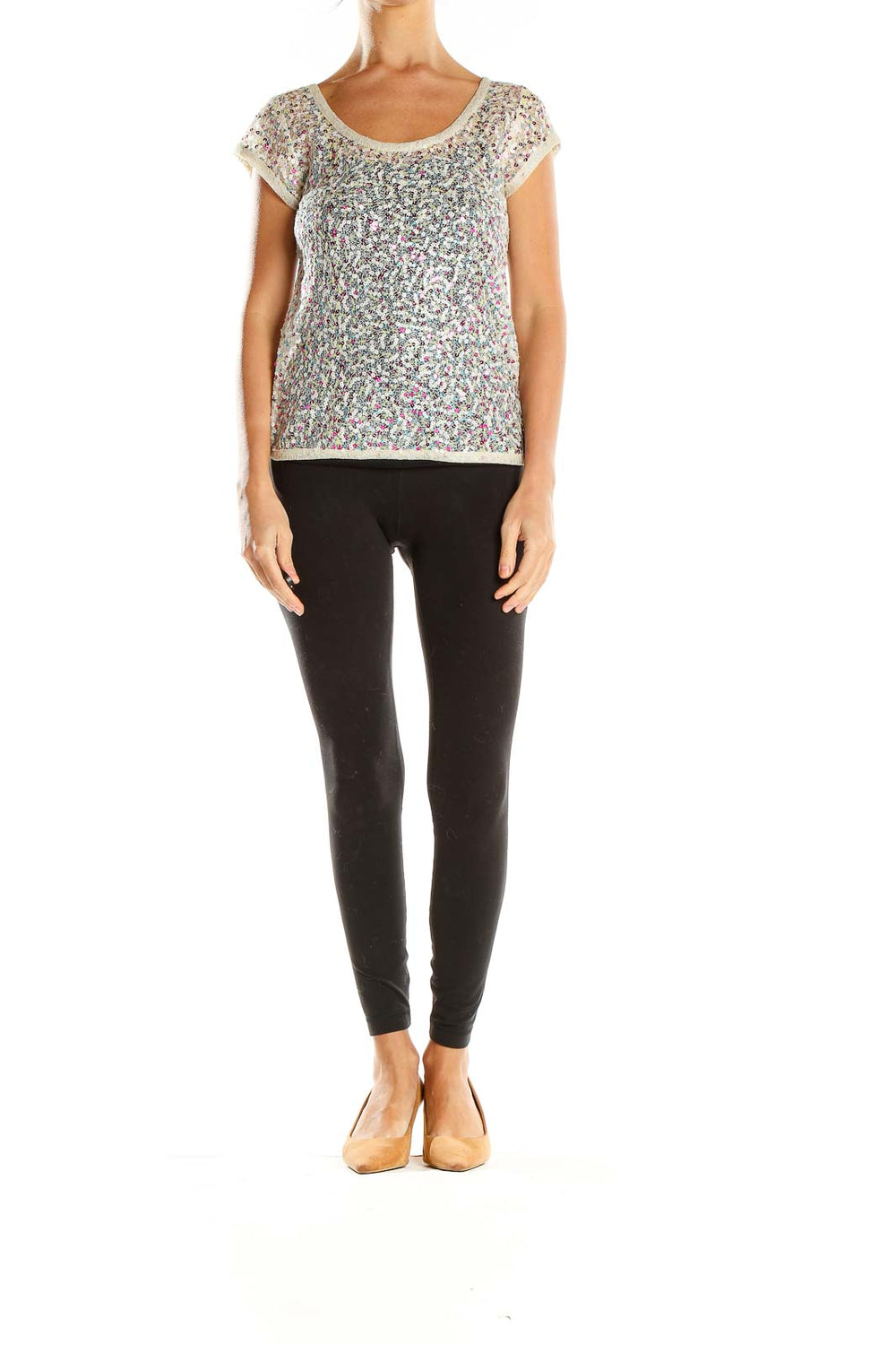 Front view of SilkRoll multicolor sequin cap sleeve top with scoop neckline