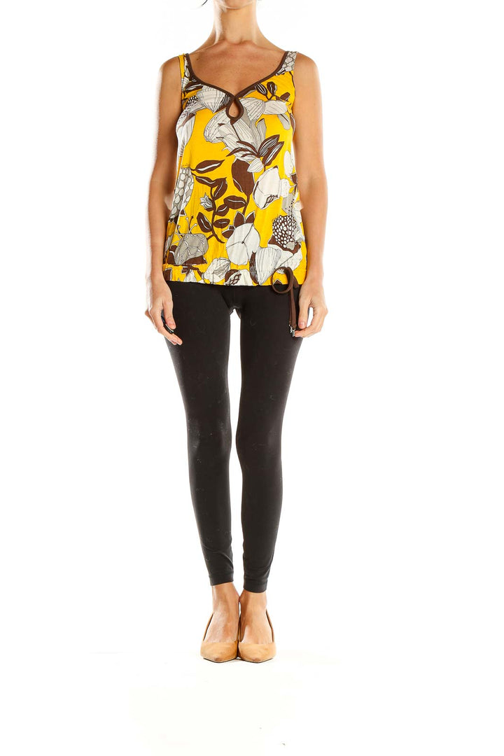 Front view of Miss Sixty yellow floral print sleeveless top with keyhole neckline